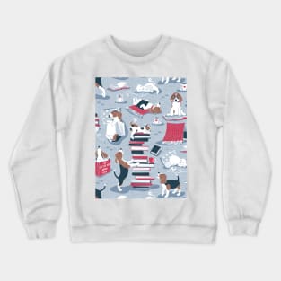 Life is better with books a hot drink and a friend // pattern // blue background brown white and blue beagles and cats and red cozy details Crewneck Sweatshirt